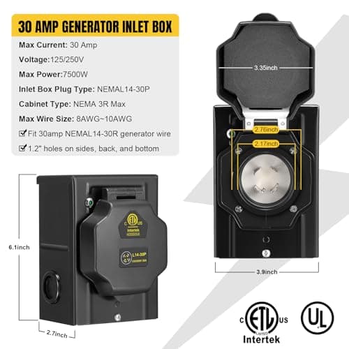 15FT 30 Amp Generator Cord with Pre-Drilled Power Inlet Box,Heavy Duty Generator Power Cord 4 Prong,125/250V,NEMAL14-30P/14-30R,Waterproof,ETL Listed,Home/RV Power Supply