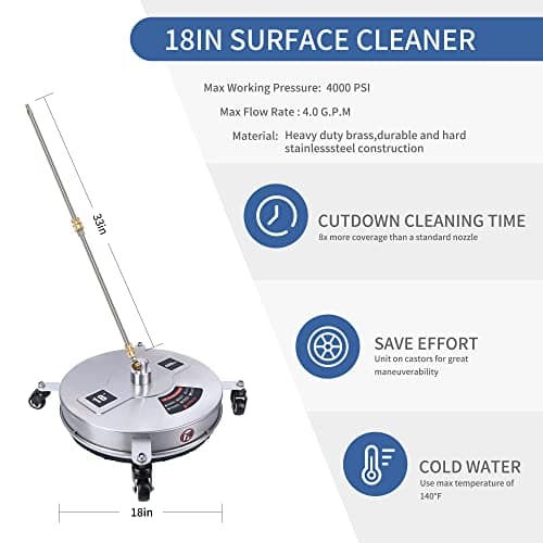 Biswing 18" Pressure Washer Surface Cleaner with 4 Wheels, Stainless Steel Power Washer Accessory for Driveways Sidewalks Patios Cleaning, 1/4" Quick Connector, 2 Extension Wand Attachments, 4000 PSI