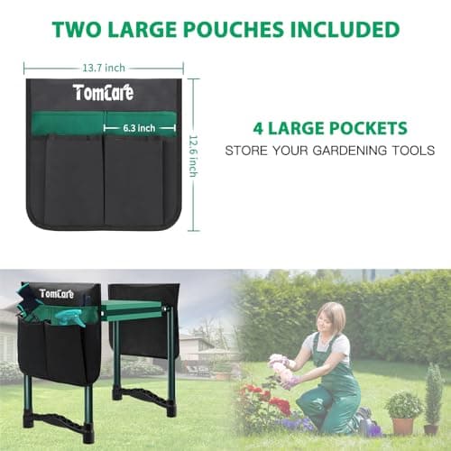 TomCare Garden Kneeler and Seat 10.64” Wider Larger Soft Kneeling Pad Garden Bench with 2 Large Tool Pouches Heavy Duty Garden Stool Foldable Tools Gardening Gifts for Women Men Gardeners