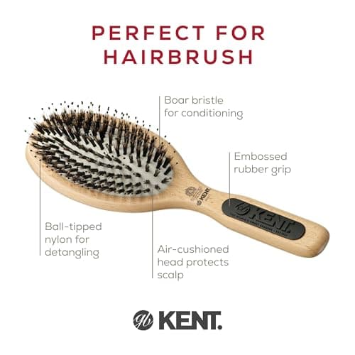 KENT PF01 Large Cushion Detangler Brush, Boar Bristle and Non-Scratch Nylon Mix Hairbrush for Straightening Smoothing. Oval Wood Paddle Detangling Hair Brush for Medium to Long Hair, Made in England