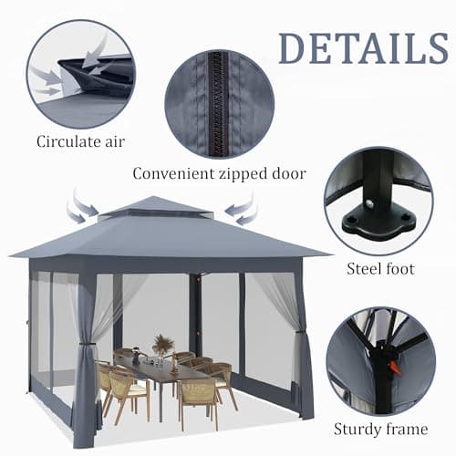 yoyomax 13X13 Outdoor Pop Up Gazebo with Netting, Portable Gazebo Waterproof Patio Canopy Shelter with Double Roof Tops and 169 Square Feet of Shade for Beach Parties, Camping and Picnics - Gray