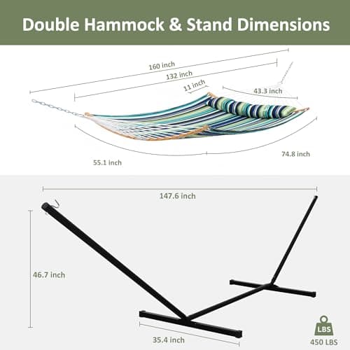 SUNCREAT Heavy Duty Double Hammock and Stand, Free Standing Two Person Hammock with Stand, Green Stripes