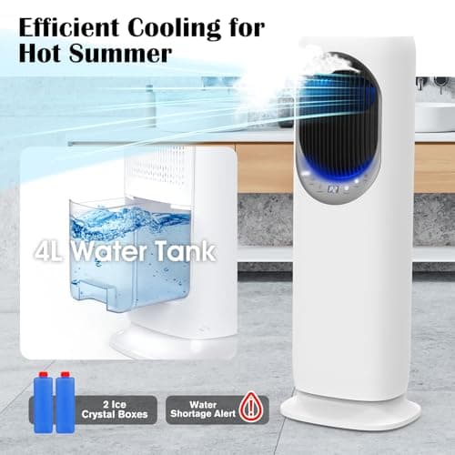 4 IN1 Evaporative Air Cooler, Swamp Cooler with 4L Water Tank, Tower Fan with Humidification, Fan and Heater Combo, 120°Oscillating, Remote, 12H Timer, 2 Ice Packs (Panel-Crescent)