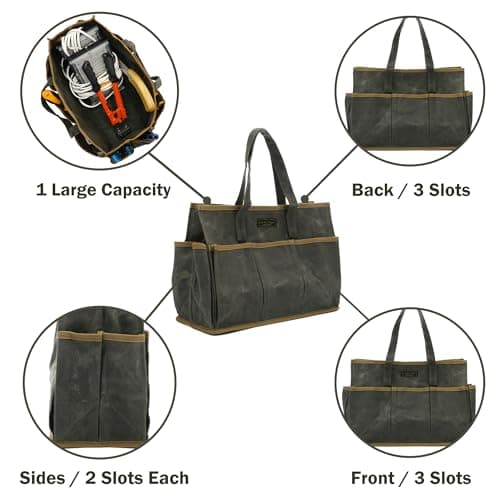 Tool Tote Bag, Heavy Duty 16oz Waxed Canvas Garden Tool Bag | Portable 11-Pocket Tool Storage Bag for Gardener Electrician Contractor Repairman (14"L x 5.5"W x 10.5"H) – Army Green