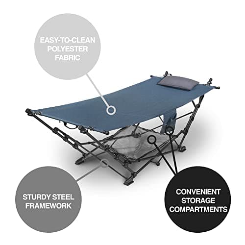 Zenithen Outdoor Patio Folding Collapsible Hammock with Sturdy Frame and Pillow, Perfect for Camping, Outdoor Recreation and as Patio Furniture, Blue (Pack of 1)