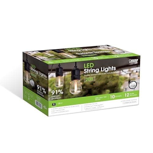 Feit Electric LED String Lights, 20ft Commercial Grade and Shatter Resistant String Lights with 10 Outdoor Sockets, Linkable, 15,000-Hour Lifetime, Wet Rated, SL20-10/FIL, 12 Bulbs Included