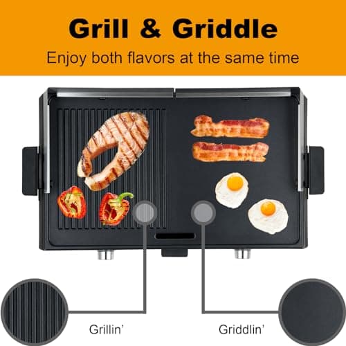 XL Electric Indoor Grill, 20” Non-stick Griddle Combo, 1600W Fast Heating, Dual Temperature Control, Detachable for Easy Cleaning
