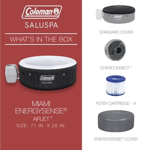 Coleman Miami AirJet Large Round 2 to 4 Person Inflatable Hot Tub Portable Outdoor Spa with 120 AirJets and EnergySense Cover, Black