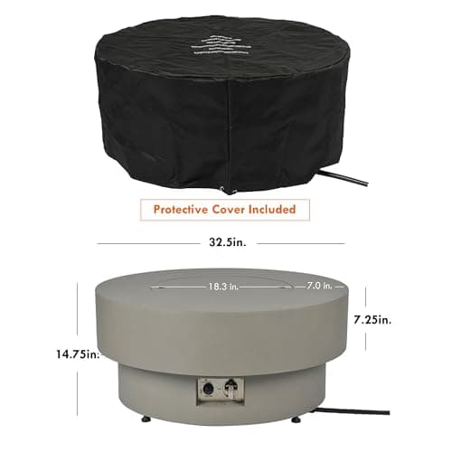 Propane Outdoor Fire Pit Table, Flint & Concrete Look 33-inch Round Patio Gas Fire Table 50,000 BTU w/Lid, Fire Glass, Heavy Duty Rain Cover, Pre-Attached 10ft Propane Hose