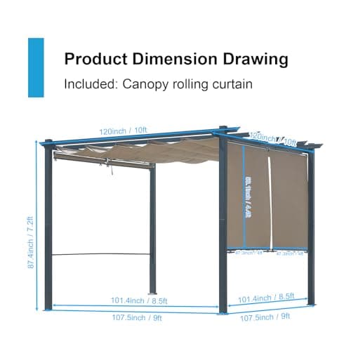 Aoodor 10 x 10 ft Outdoor Pergola with Retractable Shade Canopy, Matte Aluminum Frame, 4 Roller Shade Curtains, Grape Trellis for Patio, Backyard, Garden, and Deck, Dark Brown
