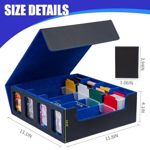 3200+ MTG Commander Deck Box with Window Dice Tray, Organizer with 4 Card Sleeves & 30 Dividers, Black Blue