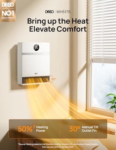 Dreo Smart Wall Heater, IP24 Electric PTC Space for Indoor Use, 30 Oscillation, Adjustable Thermostat, Remote Control, Works With Alexa, 24H Timer, Easy-Mounted for Bedroom, Office