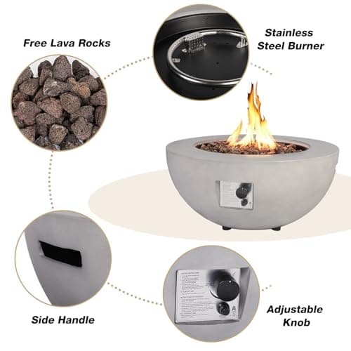 2-Piece Outdoor Propane Fire Pit Table Set w/Tank Cover Table, 31.5-inch 50,000 BTU CSA Certification Bowl Concrete Firepit SUS201 Round Burner with Steel Lid, Lava Rocks, Rain Cover…