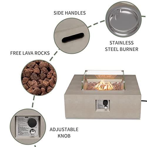 COSIEST 35-inch Square Outdoor Sandstone Propane Fire Pit w Wind Guard and Side Table, CSA Certified, 50,000 BTU Stainless Steel Burner, Free Lava Rocks and Rain Cover, Metal Lid(Gray)