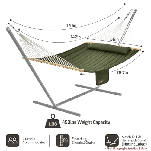Double Quilted Fabric Hammock with Hardwood Spreader Bars and Pillow 450 LBS Capacity 2 Person Hammock Large Hammock for Outdoor Patio Backyard Poolside - Green