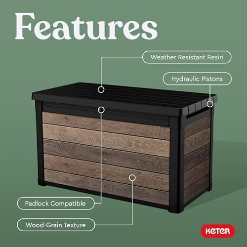 Keter Signature Collection 100 Gallon Resin Deck Box Organization and Storage Box for Patio Outdoor Cushions, Throw Pillows, Garden Tools and Pool Supplies, Walnut