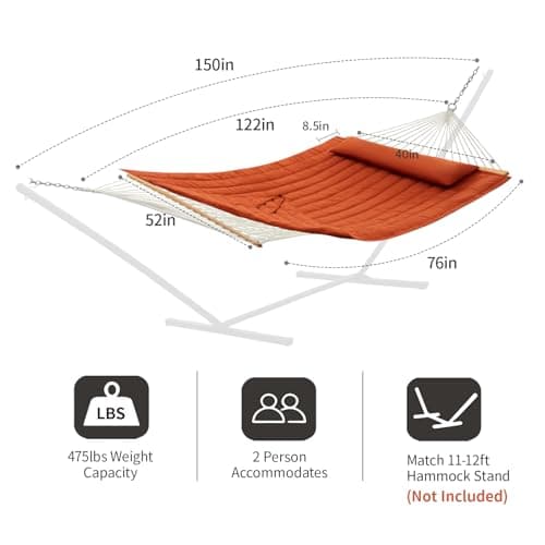Outdoor Double Hammock with Hardwood Spreader Bars, Cotton Rope Hammock with Polyester Pad and Pillow, 475 LBS Capacity 2 Person Hammock, Large Hammock for Patio Backyard Poolside - Terracotta