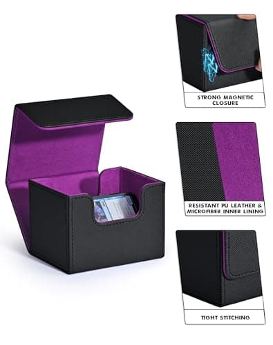 ZLCA Card Deck Box for Trading Cards, MTG Commander Deck Box Holds 120+ Single Sleeved, Leather Magnetic Card Storage Case Fits for TCG CCG Magic (Black& Purple)