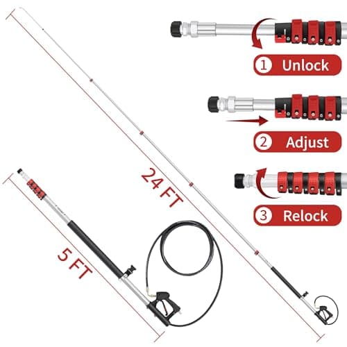24 FT Gutter Cleaning Tools from The Ground - Telescoping Pressure Washer Wand - Gutter Cleaner Attachment with Power Washer Extension Wands, 7 Spray Nozzle Tips, 2 Hose Adapters and Support Belt