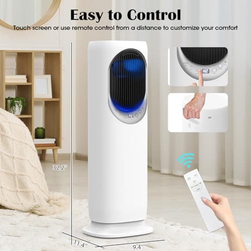 4 IN1 Evaporative Air Cooler, Swamp Cooler with 4L Water Tank, Tower Fan with Humidification, Fan and Heater Combo, 120°Oscillating, Remote, 12H Timer, 2 Ice Packs (Panel-Crescent)