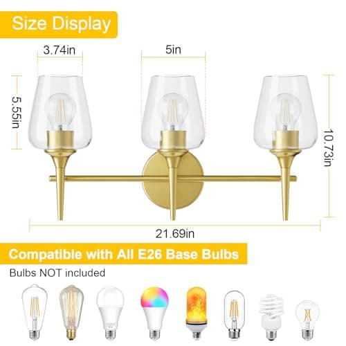 Bathroom Vanity Light Fixture, 3 Light Modern Gold Vanity Lighting fixtures, Lighting Fixtures Over Mirror, Wall Lamp with Clear Glass for Bathroom, Hallway, Bedroom with E26 Socket