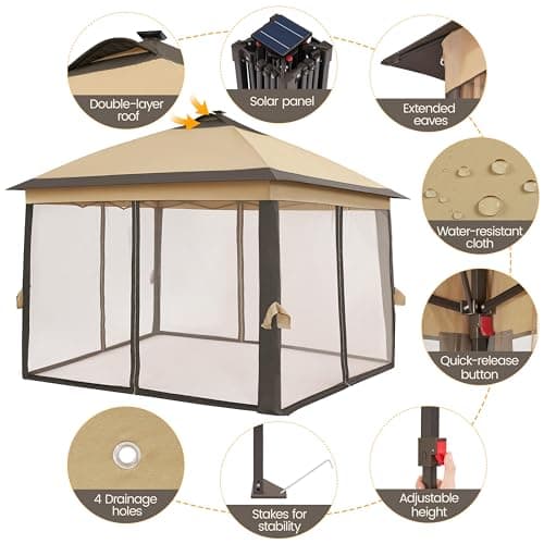 Yaheetech 11'x11' Pop Up Gazebo Instant Tent with 17 Solar LED Lights & Zippered Mesh Netting, Outdoor Shelter Sun Shade Gazebo with Sandbags for Backyard Garden Patio, Khaki & Brown