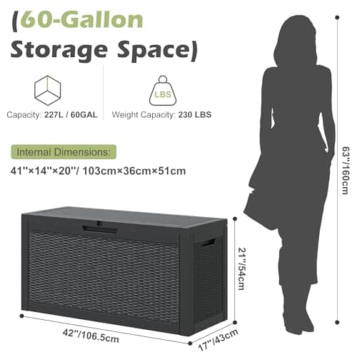 Deck Box, 60 Gallon Outdoor Storage Box Lockable Patio Waterproof for Furniture, Garden Tools, Sports Equipment and Pool Supplies, Waterproof, Resin, Lockable