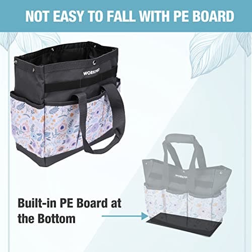 WORKPRO Garden Tool Bag, 9 Pockets Gardening Bag, Heavy Duty Oxford Garden Tote Caddy (Tools NOT Included), 12" x 12" x 6" (Floral White)
