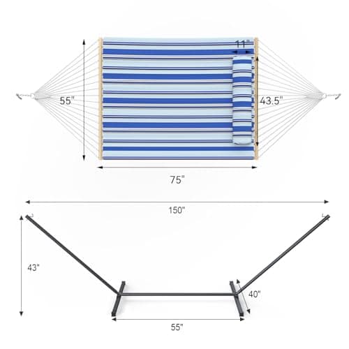 Double Hammock with Stand, 2 Person Cotton Rope Hammock with Removable Polyester Pad, 500LBS Capacity, Portable & Adjustable Design, Includes Storage Bag, Indoor Outdoor Use,Blue