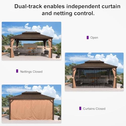 PURPLE LEAF 11' X 15' Outdoor Hardtop Gazebo Patio Wide Aluminum Frame Metal Double Roof with Heavy Duty Netting and Curtains for Permanent Hard Top Pavilion Screen with Lights, Khaki