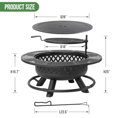 42 Inch Outdoor Fire Pit with Grill, Large Firepit Table for Outside, Metal Round Firepits with Lid&Fire Poker,3 in 1 Wood Burning Fire Pits & Outdoor Fireplaces for Backyard,Patio(Black)