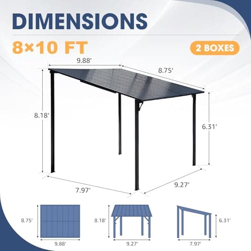 OC Orange-Casual 8x10 FT Patio All-Iron Gazebo,Hard Top Lean to Gazebo Pergola with Roof,Wall Mounted Heavy Duty Awnings, for Outdoor, Backyard, Deck
