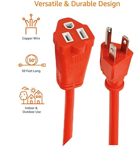 Amazon Basics 50 foot 3-Prong Vinyl Indoor/Outdoor Extension Cord - 13 Amps, 1625 Watts, 125 VAC, Orange