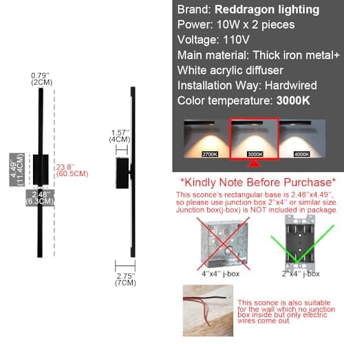 Only Suitable for Small Junction Box Hardwired Minimalist Dimmable Black Tube Linear Wall Sconce 24 Inch Mirror Vanity Light for Bathroom Living Room Bedroom Corridor (2 Pack, 24'', Black, Dimmable)