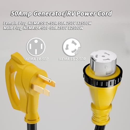 50 Amp Generator Cord, 25FT 50 Amp RV Extension Cord with Twist Lock, Generator Cable 50A 4 Prong Yellow, NEMA 14-50P/SS2-50R Heavy Duty 6/3+8/1 AWG STW Wire for RV Camper & House