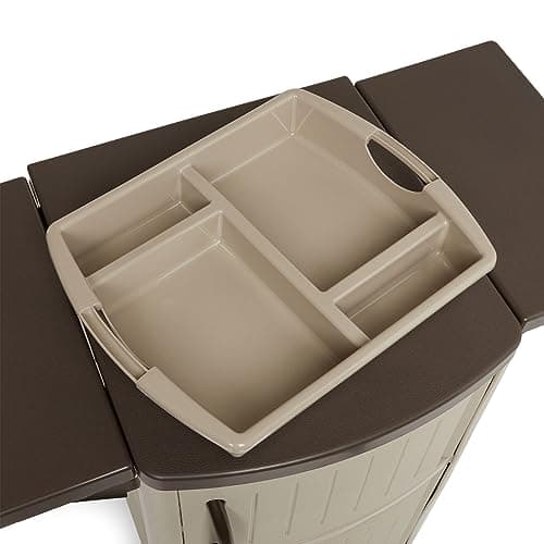 Suncast Outdoor Patio Grill Prep Station Cart with 2 Storage Cabinets, Light Taupe/Mocha