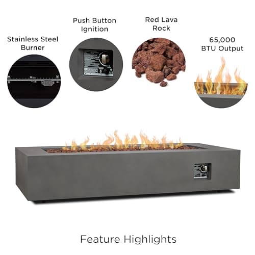 Real Flame Aegean 70in Rectangle Propane or Natural Gas Fire Pit Table, 65,000 BTU, Powder-Coated Steel, Push-Button Ignition, CSA Certified, Lava Rock, Storage Cover, Stainless Steel Burner with Lid