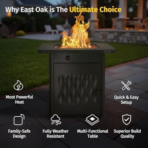 EAST OAK 28" Outdoor Propane Fire Pit Table | 52,000 BTU Gas Fire Pit Table for Outside with Magnetic Lid | Storage Basket & Lava Rocks | CSA Certified for Patio, Garden & Backyard | Black