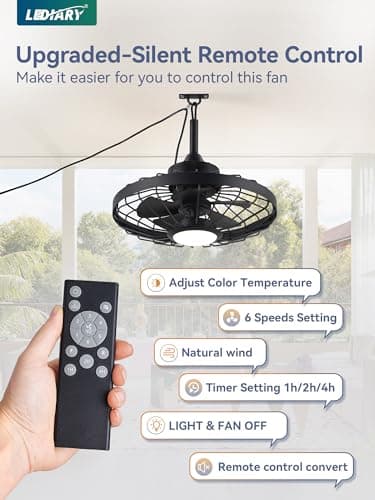 LEDIARY 20" Outdoor Ceiling Fans with Lights and Remote Control, Waterproof Caged Ceiling Fan with 3 Color LED Light,Portable Hanging Gazebo Fan with Plug in Cord Hook for Patios,Black