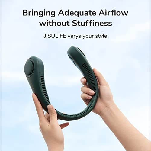 JISULIFE Portable Neck Fan, Hands Free Bladeless Fan, 5 Speeds, 4000 mAh Battery Operated Wearable Personal Fan, Twistable, Rechargeable, Gift for Women Men-Dark Green