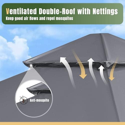 AOXUN Outdoor Gazebo for Patio 10x10, Metal Frame Canopy with Double Roofs, Heavy Duty Party Tent and Shelter with Mosquito Netting and Privacy Screen for Backyard, Lawn, Garden, Deck (Grey)
