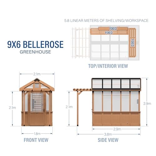 Backyard Discovery Bellerose 9' x 6' Cedar Wood and Polycarbonate Walk-in Greenhouse Kit with Pergola, Exhaust Fan, Windows, Hose Hook-Ups, PowerPort, Staging Shelves for Year-Round Outdoor Gardening