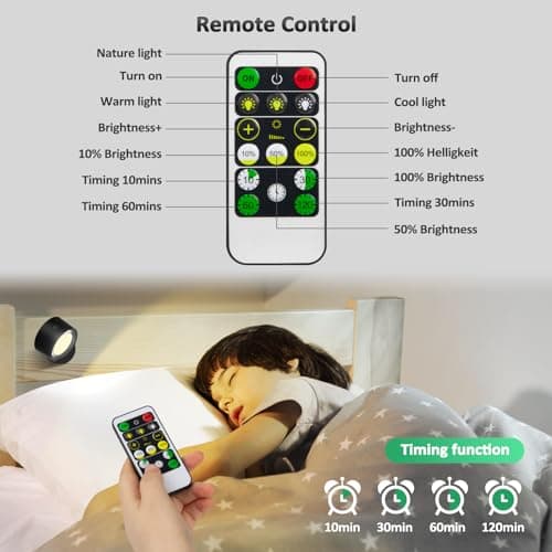 LED Wall Mounted Lights 2 Pcs with Remote, Wall Sconces Lamp 3000mAh Rechargeable Battery Operated, 3 Color Temperatures & Dimmable Magnetic 360° Rotation Cordless Light for Bedroom Bedside