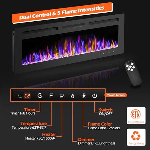 50" Electric Fireplace Wall Mounted and Recessed with Remote Control, 750/1500W Ultra-Thin Wall Fireplace Heater W/Timer Adjustable Flame Color and Brightness, Log Set & Crystal Options