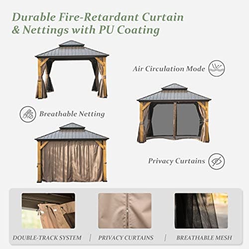 Domi 12' X 12' Wood Gazebo, Cedar Frame Hardtop Gazebo with Galvanized Steel Double Roof, Netting & Curtains, Patio Pergola Pavilion for Patio, Backyard, Deck, Lawns