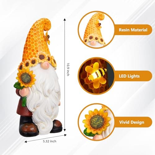 Garden Gnomes Outdoor - Sunflower Gnome Statue with Solar LED Lights for Yard, Patio, Lawn Ornaments - Best Garden Gifts for Mothers Day, Housewarming, Festival