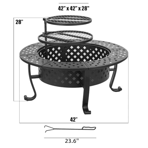 42 Inch Fire Pit with 2 BBQ Grills, Wood Burning Fire Pits for Outside with Lid & Fire Poker, BBQ& Outdoor Firepit & Round Metal Table 3 in 1 for Patio, Picnic, Party