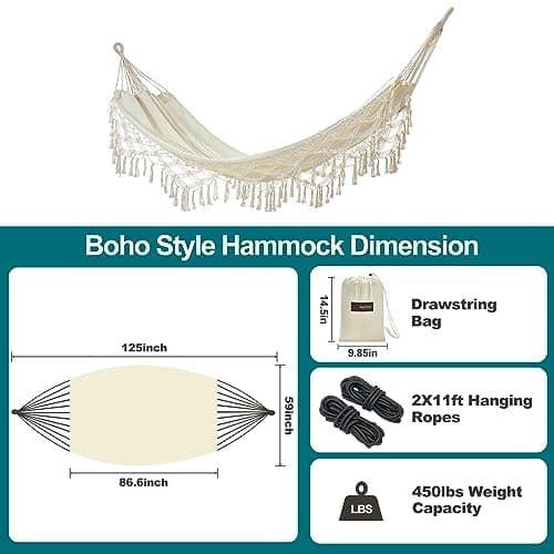 JoyView Boho Macrame Double Hammock with Hanging Ropes & Elegant Tassels 86.6x59 Portable Cotton Hammock for Patio Backyard Porch 450LBS Weight Capacity Perfect for Outdoor/Indoor - Beige Color