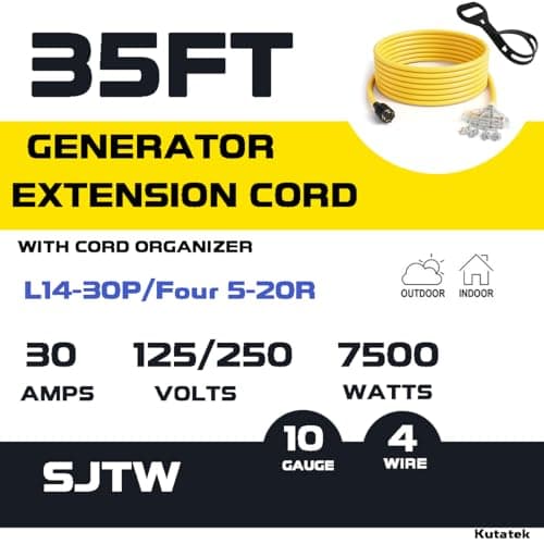 35Ft L14-30P to Four 5-20R, 4 Prong Generator Distribution Extension Power Cord, 30 Amp 125/250V 7500 Watts, 10 Gauge SJTW Cable (35Ft)