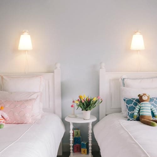 White Plug in Wall Sconces Set of Two, White Wall Sconce with Cord, Bedside Wall Lamps Plug in Set of 2 with Fabric Linen Shade, Wall Decor Bedroom Sconces for Living Room Hallway Porch